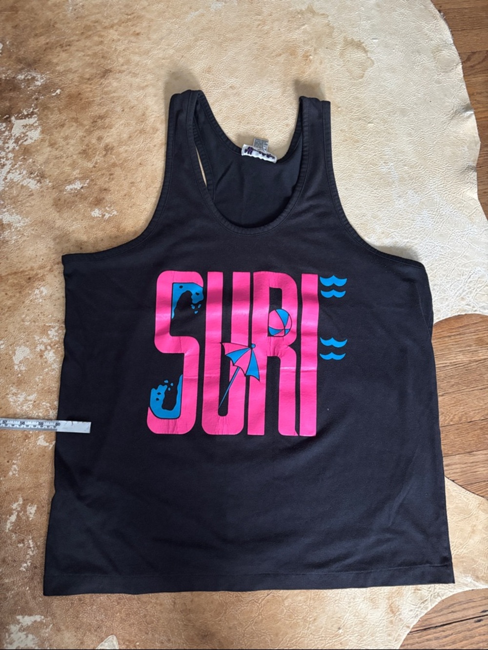80’s vintage Black Tank Top with Pink & Blue 'SURF' Graphic. Great condition.